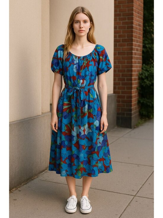 Maggy London Dresses & Skirts - Maggy London Blue Floral Midi Dress Short Sleeves Cotton Blend US 12